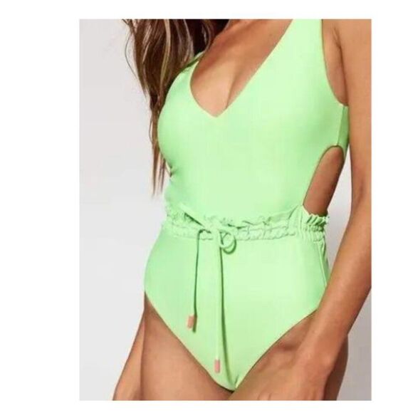 Red Carter Women's Lime Green Ruffle Cutout Side One Piece Swimsuit - Picture 2 of 11